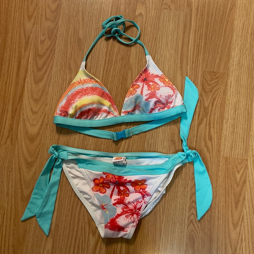 Maia multi-colored rainbow & floral white/turquoise bikini - size medium